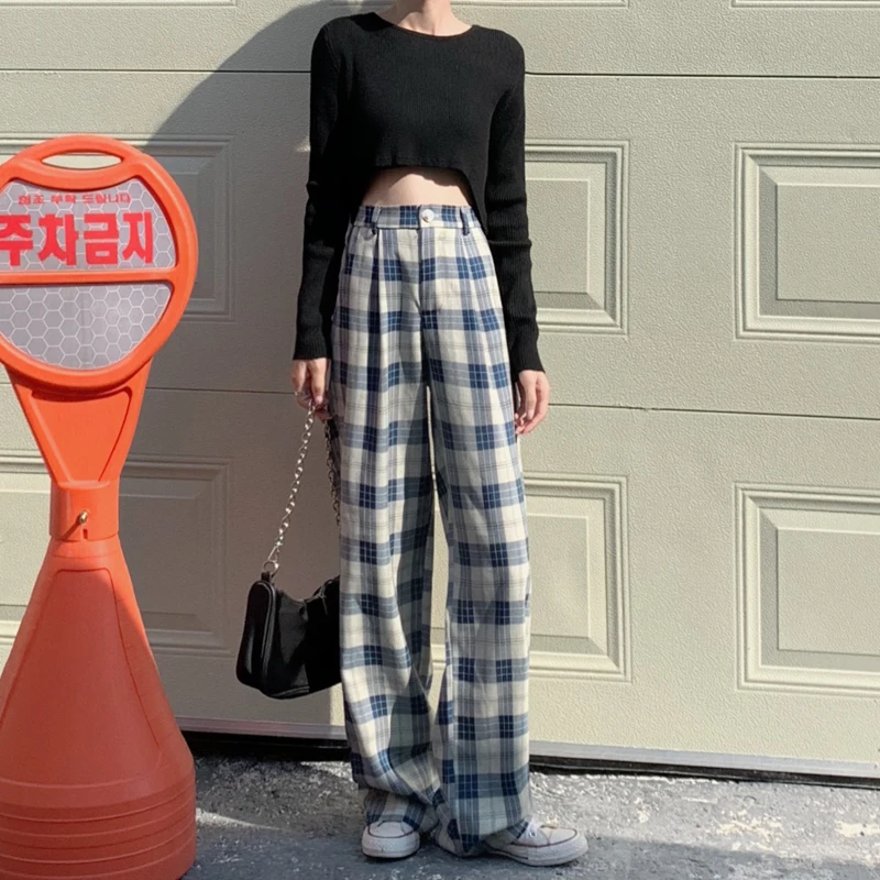 

Spring and Autumn Casual Loose Plaid Shirt + Elastic Waist Wide Leg Pants