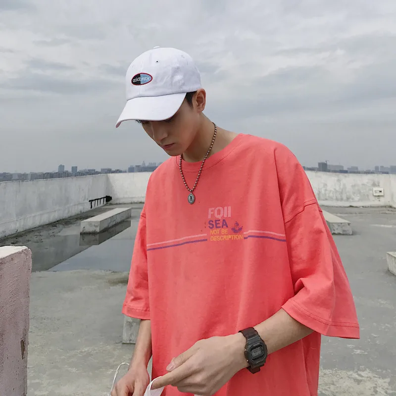 

2020 Summer New Youth Popular Drop Shoulder Sleeve Short T-Shirt Fashion Casual Loose Print Pullover White /Red/Navy Blue