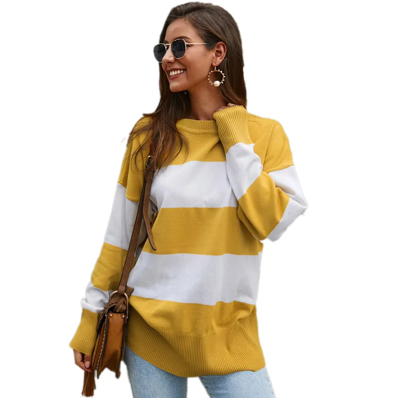 

Autumn Winter Striped Knit Long Sweater Women 2019 Casual Loose Yellow Pullover Ladies Jumper