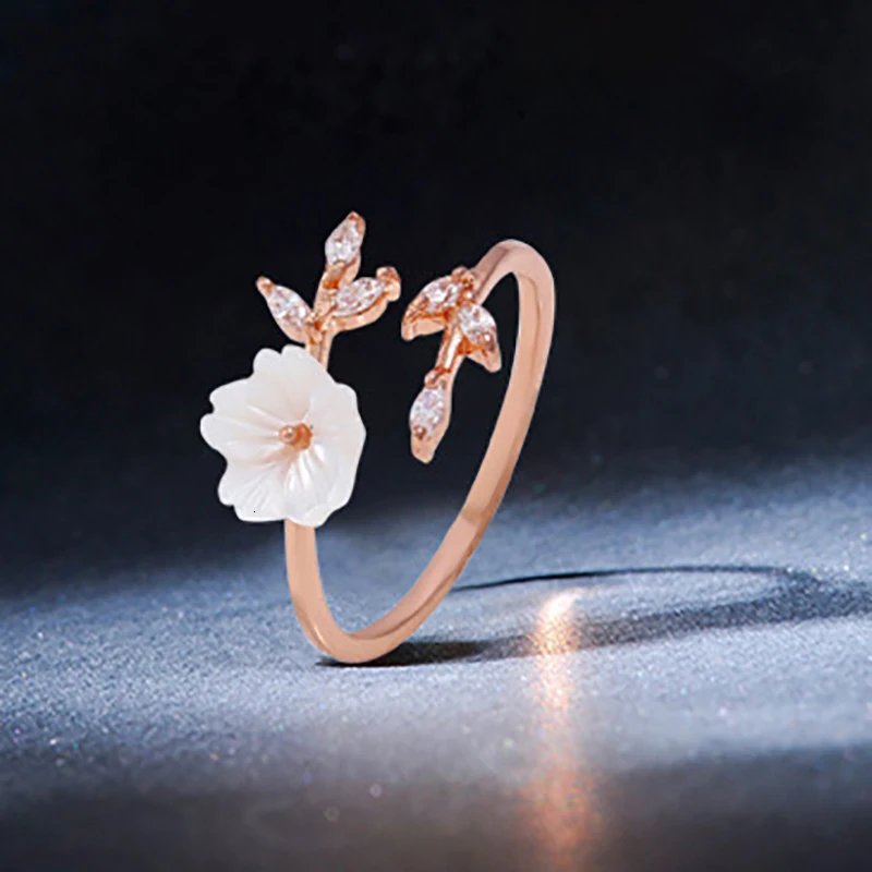 Цветы розовое золото кольцо Белый Циркон ветви цветущей сакуры оболочки цвет Открытый регулируемый изысканные ювелирные изделия для фестивалей Вечерние