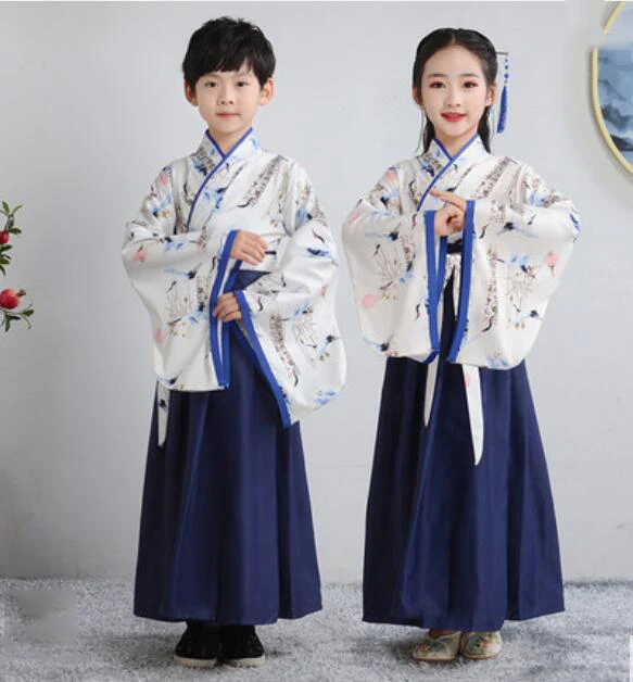 BlueWhite-WideSleeve Традиционный китайский древний костюм, сценический костюм Hanfu для мальчиков и девочек, костюм Танга для детей, платье для выступлений, вечерние костюмы династии Цин - Цвет: BlueWhite-WideSleeve