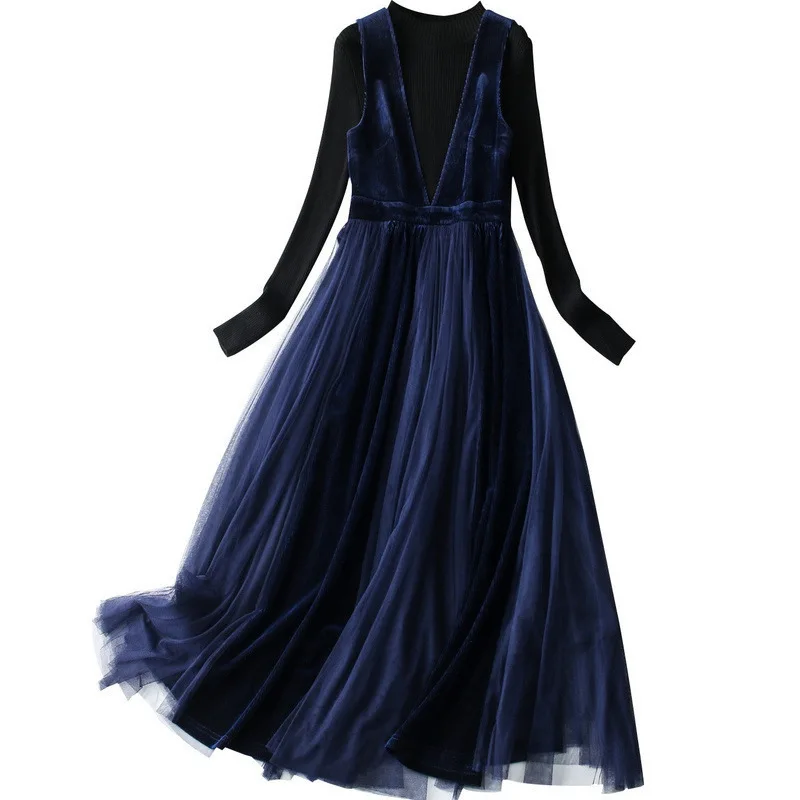 Женское бархатное Сетчатое платье размера плюс с v-образным вырезом и расклешенными длинными платьями+ вязаный свитер Зима комплект из двух предметов синего цвета