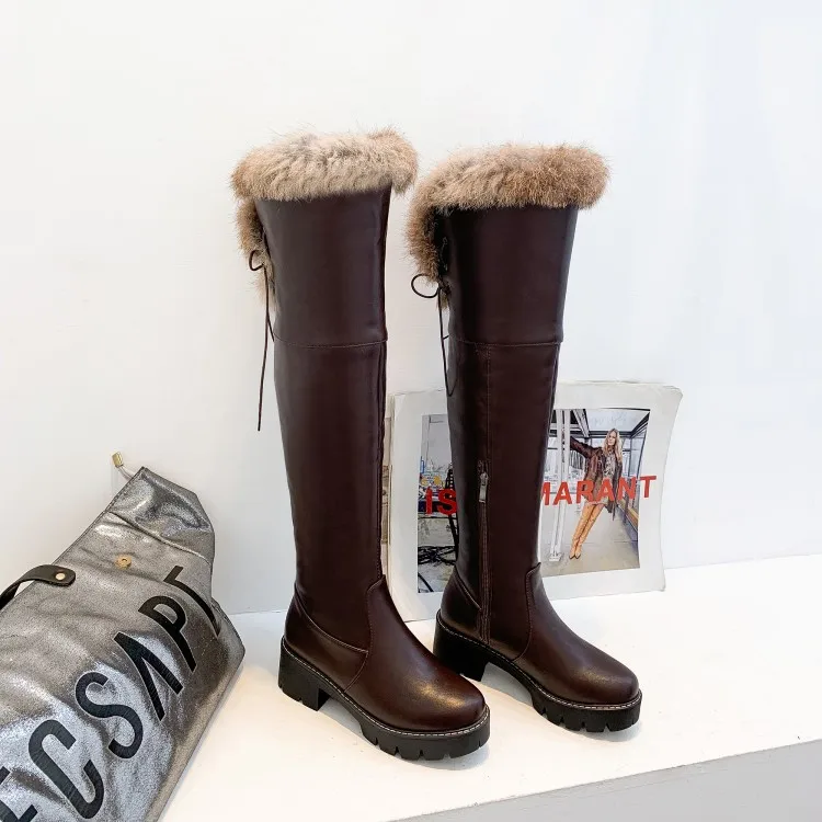 

2019 Luxury Genuine Leather Over-Knee Boots Rabbit Fur Designers Heels Women Woman Flat Platform Wearing Round Toe Botas Mujer