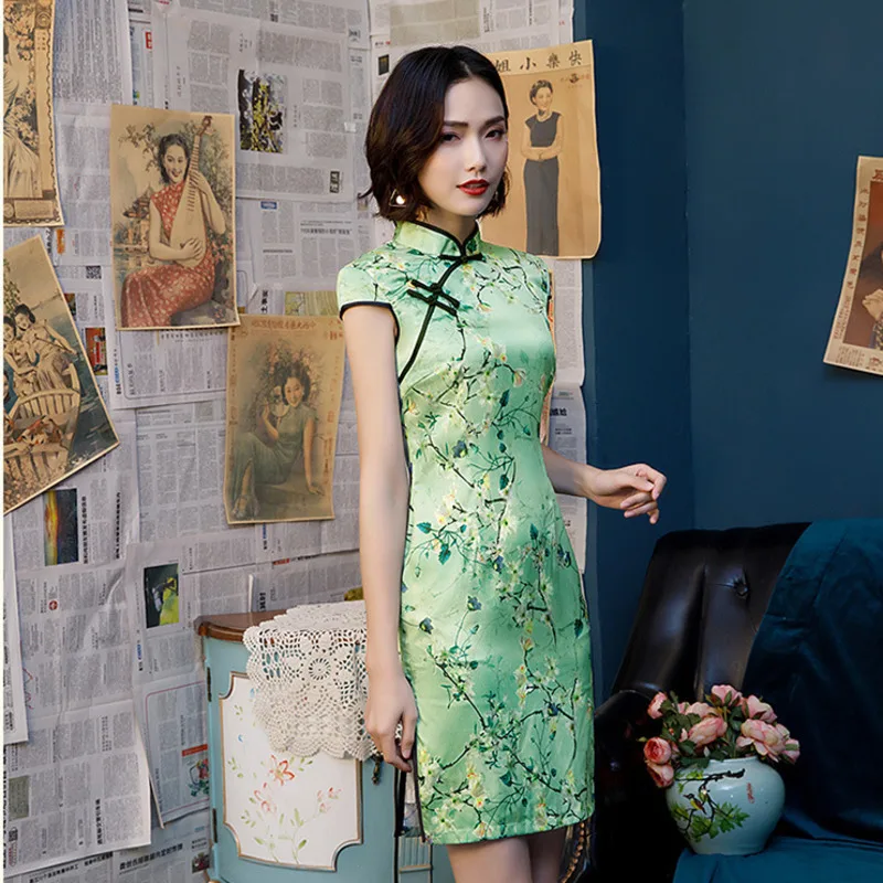 SHENG COCO зеленые желтые восточные платья Cheongsam летние женские повседневные Короткие вечерние платья Чонсам китайские цветы магнолии Qipao