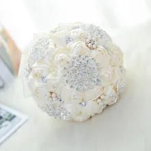 Диаметр 20 см, ручная работа, лента цвета слоновой кости, искусственный букет для свадьбы, цветок, мозаика, кристалл, жемчуг, Свадебный букет невесты