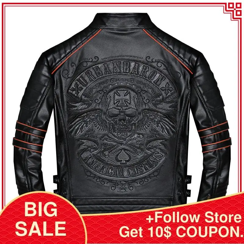 Preto dos Homens Jaqueta de Couro Real do Couro da Motocicleta Crânios Bordado Slim Motociclista Tamanho Grande 4xl Curto Cabolsa Livre Grátis 2020 Fit