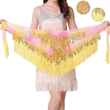 

Women Dancing Scarf Sequin Belly Dancing Costume Hip Scarf Tribal Triangle Tassel Belt Crochet