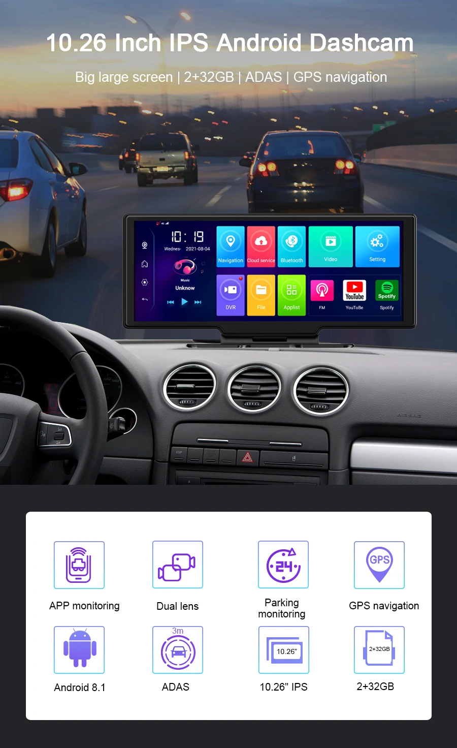 10 inch Car Dvr Recorder 4G WiFi Dash Cam Android 8.1 RAM2G ROM32G ADAS FHD 1080P Dual Lens Bluetooth GPS Navigation best gps navigation for car