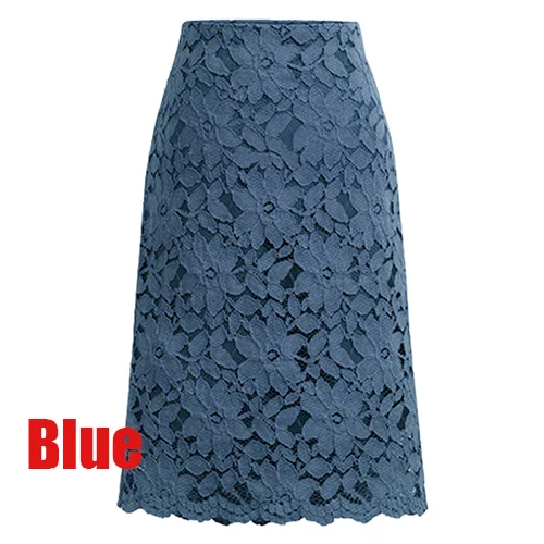 Кружевная Женская юбка, плюс размер, 5XL, офисная юбка, длина до колена, высокая талия, юбка, бандаж, элегантная женская кружевная юбка с цветами, летняя юбка, faldas - Цвет: Blue