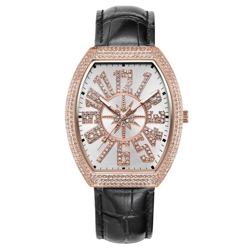 

2020 New Rose Gold Couples Watch Cask-type Quartz Watches Woman Full Diamond Watches men ladies Waterproof Clock Leather Strap