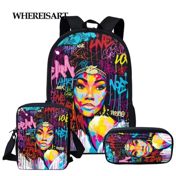 

WHEREISART Afro Black Queen Girl Print School Backpack Sets for Teen Girls Primary Student Book Bags Women Casual Rucksack