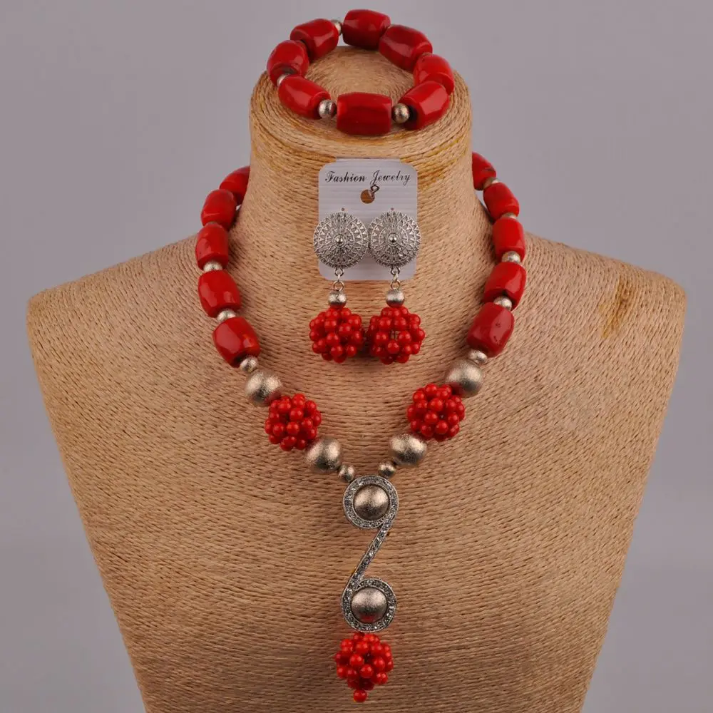 

Orange/White/Red Coral Necklace African Jewelry Set Nigerian Wedding Bridal Jewelry Sets 1C-S06