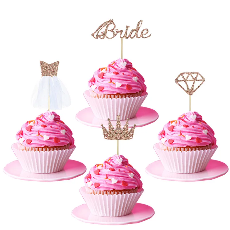 Chicinlife 8Pcs Bride Crown Diamond Ring Wedding Dress Cupcake Toppers Bachelorette Party Bridal Shower Cake Accessory Supplies