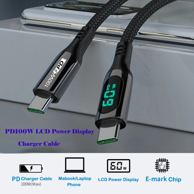 USB C to USB C Cable 100W, WOTOBE LED Display Type-C 5A E-Mark Fast  Charging Nylon Braided Cord for MacBook Pro iPad laptop