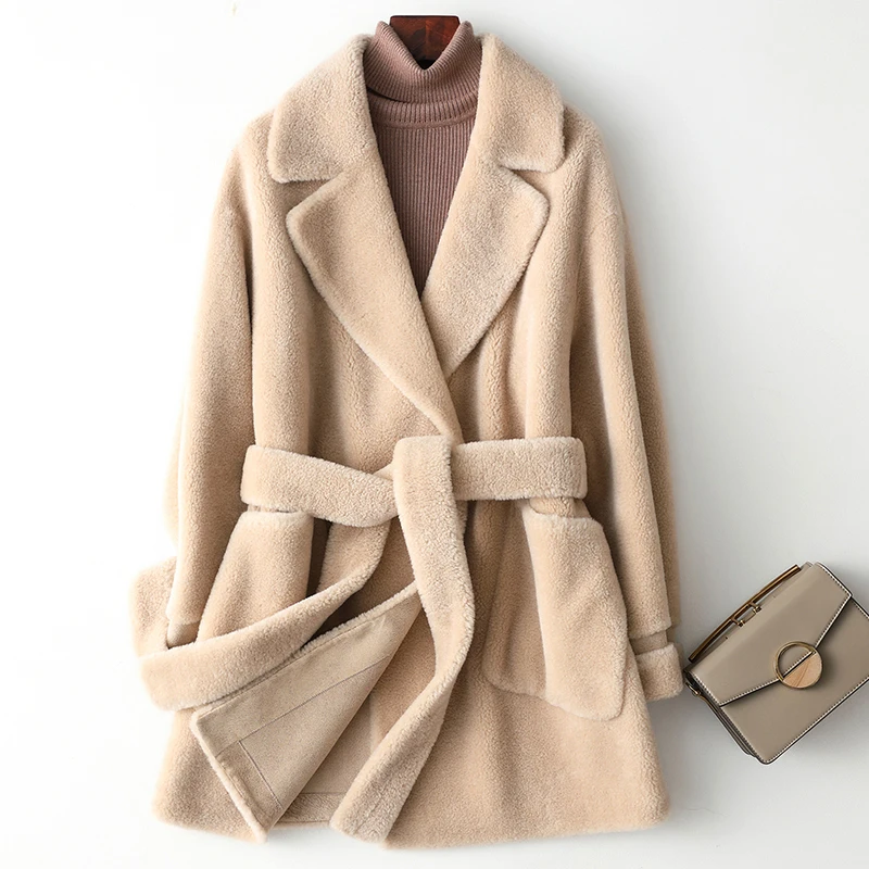 AYUNSUE, Женское пальто с натуральным мехом, Осень-зима, куртка для женщин, стрижка овец, шерсть, пальто, корейские женские пальто, Y002 KJ3466 - Цвет: Light camel