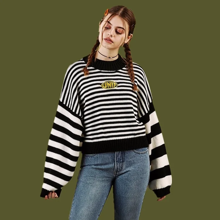 

Clarissa Sweater Blue & White Striped Oversized Jumper Embroidered Mock Neck Cropped Pullovers Harajuku Women's Sweaters