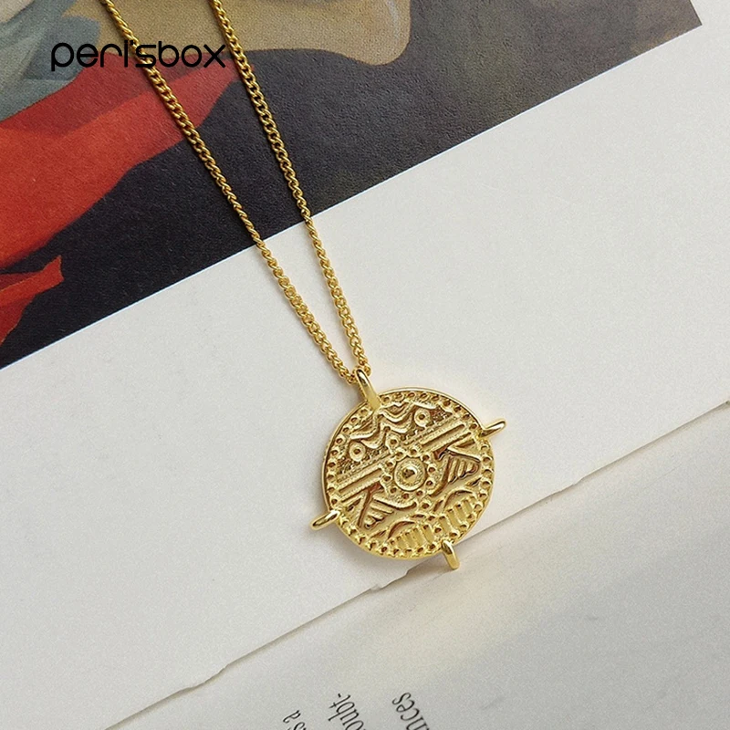 

Peri'sbox Gold Chain Geometric Carving Pattern Disc Necklace 925 Sterling Silver Necklace for Women Minimalist Necklace Designer