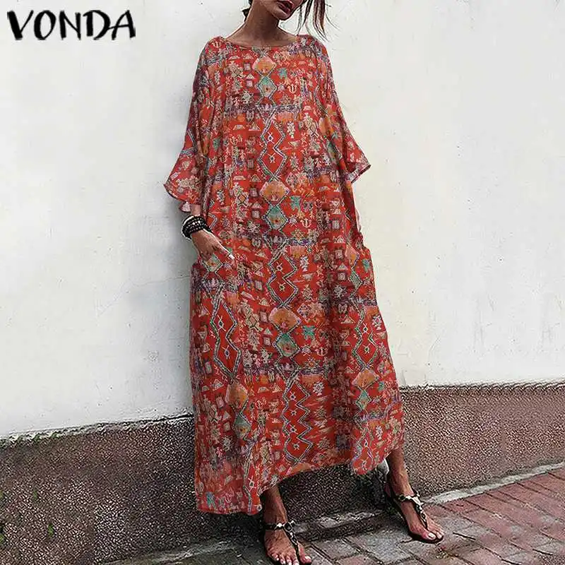 VONDA женское винтажное платье 3/4 с расклешенными рукавами с принтом богемные платья весенний сарафан для беременных повседневные, пляжные, на вечеринку Vestidos
