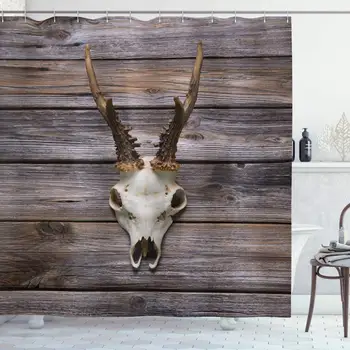 

Antlers Shower Curtain, Rustic Antler on Wooden Wall Wintertime Mountain Hut Country Style Rustic Design, Cloth Fabric Bathroom