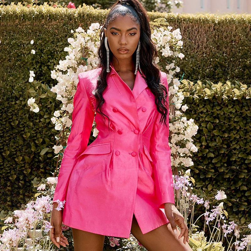 

RAISEVERN Pink Solid Women Blazer Pockets Single Button Long Sleeve Female Casual Coats Office Ladies Outerwear Chic Tops Blazer