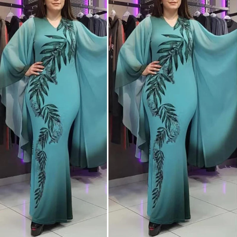 MD African Women Sexy Evening Dress Flower Print Long Sleeve Ladies Dress Wedding Party Ankara Clothes Robe Africaine Femme 2020