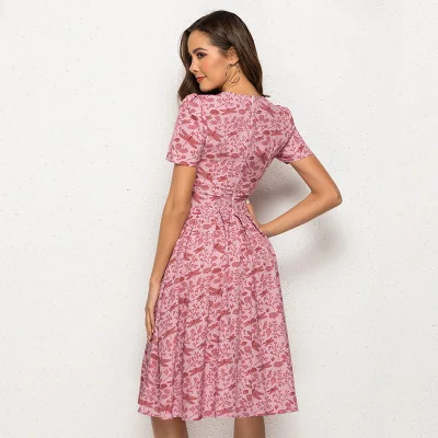 Brand Quality Floral Printed Dress Fashion Women Slim A-Line Party Dresses OL Short Sleeve Summer Sexy Midi Dresses Vestidos