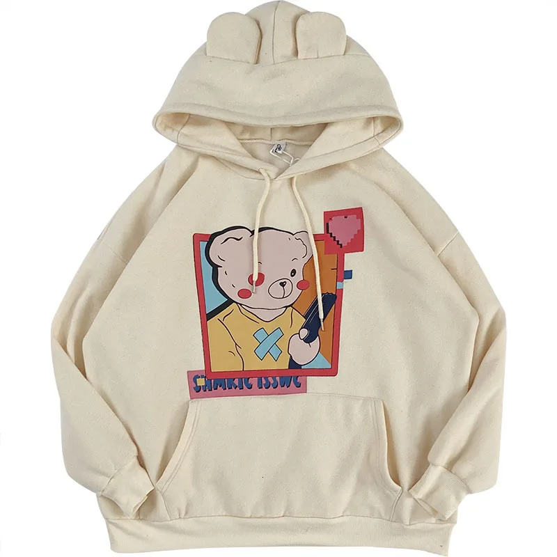 Mooirue Kawaii для женщин бежевые толстовки прекрасный даже шляпа мультфильм печати свободная толстовка с капюшоном топы