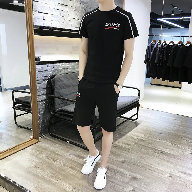 

Summer Men New Style Leisure Suit Two-Piece Set Korean-style Simple Trend Running Set MEN'S Short-sleeved Shirt Set Fashion