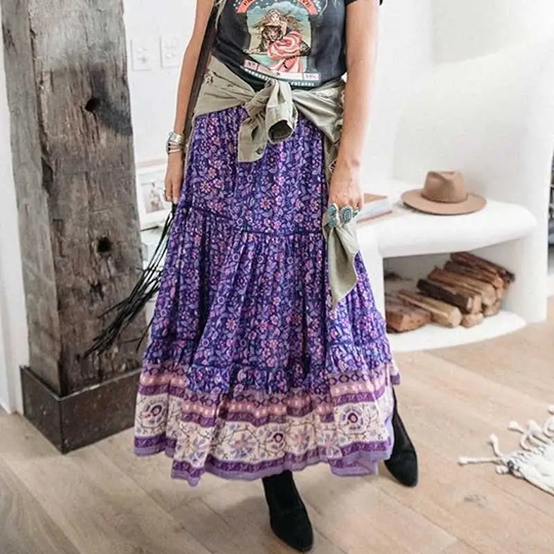 

Cute Purple floral frill long skirt women elastic waist lace hollow out casual boho 2019 summer long gypsy girl beach party wear