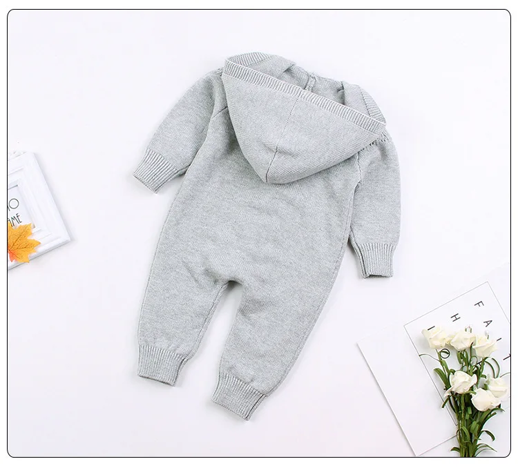 Плотный теплый вязаный свитер для новорожденных мальчиков и девочек, комбинезон с капюшоном, Детская верхняя одежда для малышей, детские комбинезоны, зимняя одежда