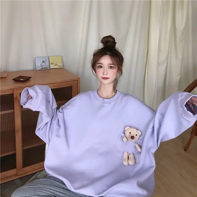 Bear doll Hoodie Women Fashion Harajuku Winter Loose Korean Style Sweatshirt Streetwear Flower Printing Hoodies Pullovers long 4