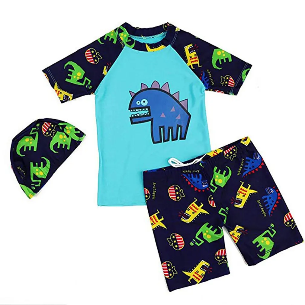 Детская одежда для купания для мальчиков; Быстросохнущий купальный костюм с рисунком динозавра для маленьких мальчиков; рубашка; плавки; шапочка для плавания; Комплект из трех предметов