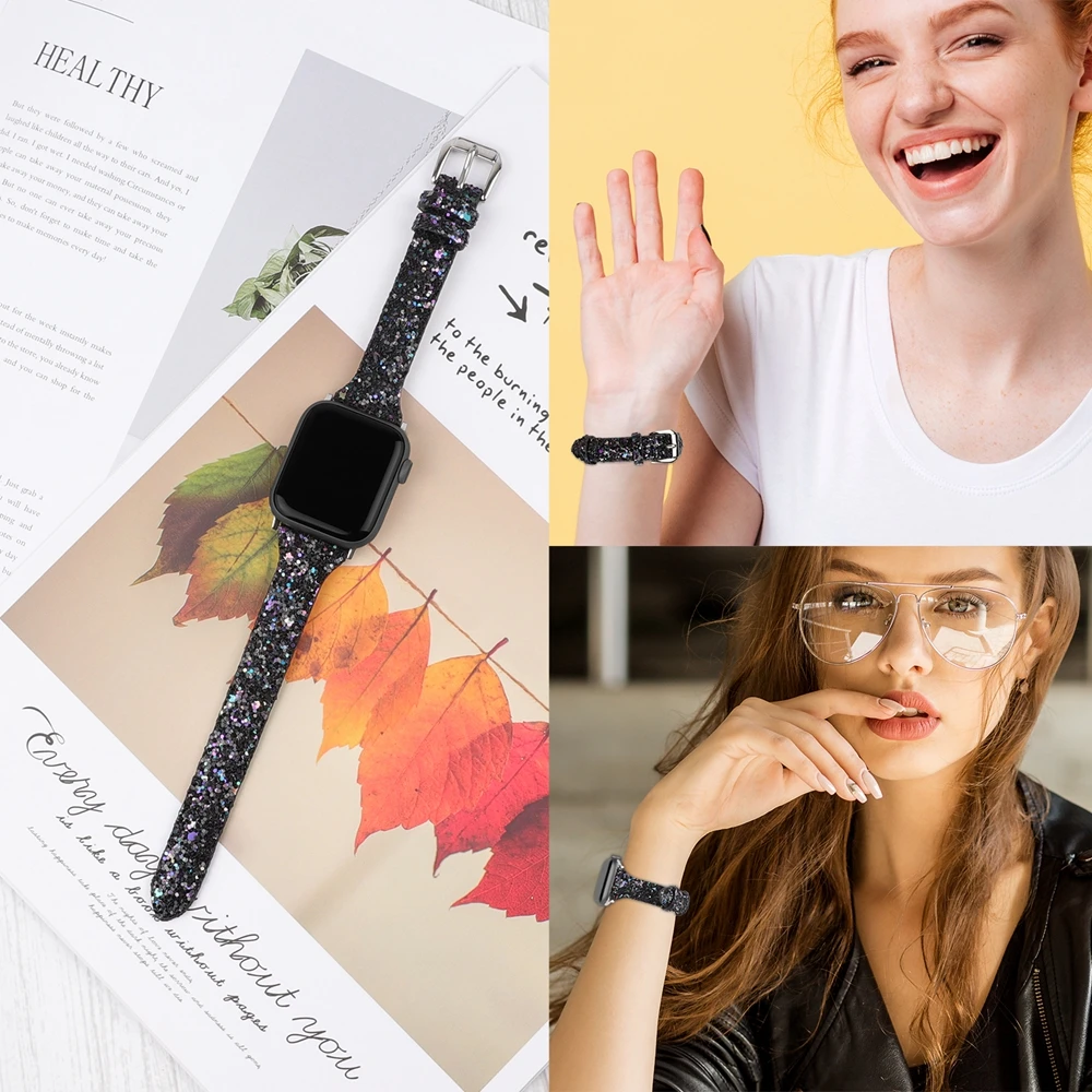 Блестящий кожаный ремешок для Apple Watch, ремешок 44 мм, 42 мм, Модный женский ремешок 40 мм, 38 мм, браслет для iWatch, серия 5, 4, 3, 2, 1