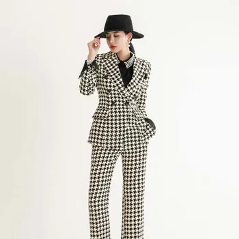 

2019 Autumn New Fashion Women Pant Suits 2 Piece Set for Women Plaid Blazer Jacket & Trouser Office Ladies Suit Feminino WS199