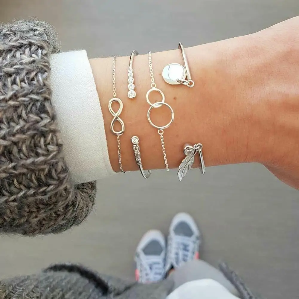 Новая мода 4 шт./компл. Bohemain восьми-слово круглый в форме листа с украшением в виде кристаллов цепи для Для женщин Золотой мужской браслет комплект пляжные вечерние свадебные украшения