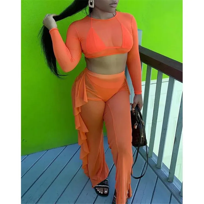 

Women Beach Cover Up Ruffle Crop Top Pants Mesh See Through Swimsuit Cover Up Ladies Beachwear Set Salidas De Playa Para Mujer
