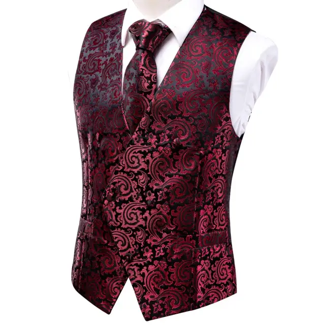 Hi-Tie Burgundy Black Floral Silk Mens Slim Waistcoat Necktie Set For Suit Dress Wedding 4PCS Vest Necktie Hanky Cufflink Set 4