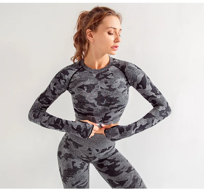 Камуфляжный бесшовный топ, рубашка для йоги, длинный рукав, спортивный Топ для женщин, топы для тренировок, женские дышащие топы с длинным рукавом