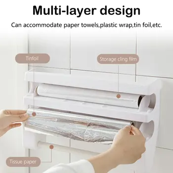 

The kitchen shelf has two built-in triangle cutters and a round rolling cutter. It can hold seasoning bottles and toilet paper.
