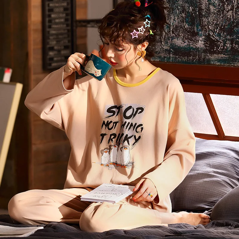 

INS Pajamas Spring And Autumn Knitted Cotton Cartoon Penguin Long Sleeve Cartoon Women's Energetic And Cute Trousers