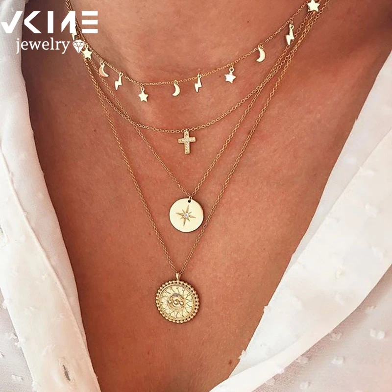 VKME Punk Gold Portrait Coin Pendant Necklace For Women Cuban Multilayered Chunky Thick Chain Choker Necklaces Gothtic Jewelry | Украшения