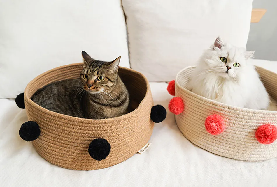 Weave Cat Bed House Dog Bed For Small Dogs Cat Basket Pompon Decorate All Seasons Sleeping Bed Puppy Mat Supplies Pet Rest House-66