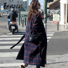 Пальто из шерсти и смесей, женское, длинное, гусиная лапка,, осень, зима, для путешествий, с поясом, выше колена, шерстяное, OL, пальто, planaszcz damski