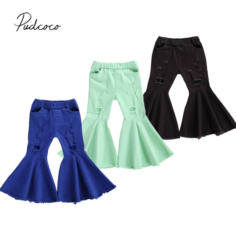Infant Kids 27years Baby Girls Flare Pants Denim Solid Bottoms Ripped