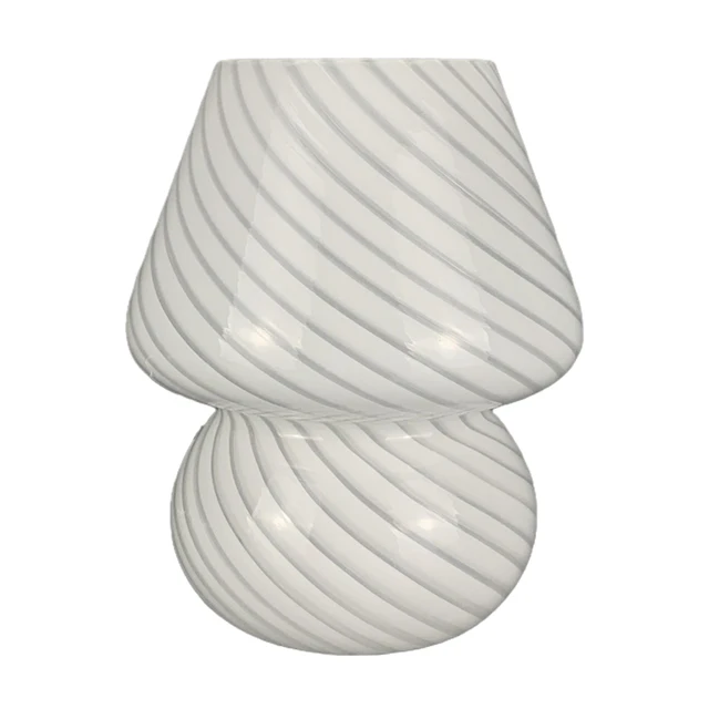 Glass LED Desk Lamp For Bedroom Bedside Korean Modern ​Striped Mushroom Table Lamp Decor Cute Glass Translucent Bedside Lamp White Stripe