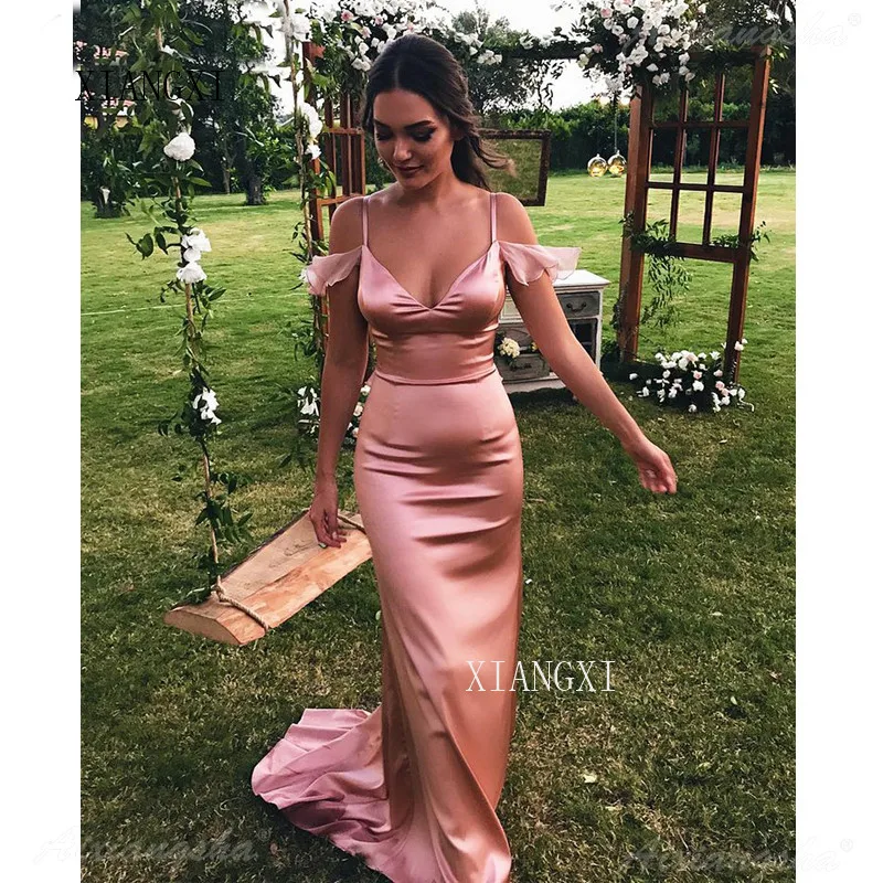 Blush Sweetheart Spaghetti Straps Long Evening Party Gown Off Shoulder Satin Mermaid Prom Dresses 2020 vestidos de gala | Свадьбы и
