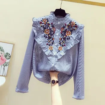 

Striped Shirt Female Long Sleeve 2020 Spring New Korean-Style Top Ruffles Flower Embroidery Women's Blouses and Tops Blusas Top