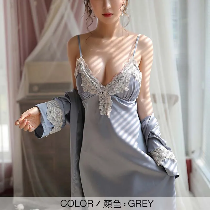 GREY Женский пижамный комплект из 2 предметов, шелковая атласная пижама, ночная рубашка, ночная рубашка, одежда для сна, Сексуальная кружевная Пижама для зимы и осени - Цвет: GREY