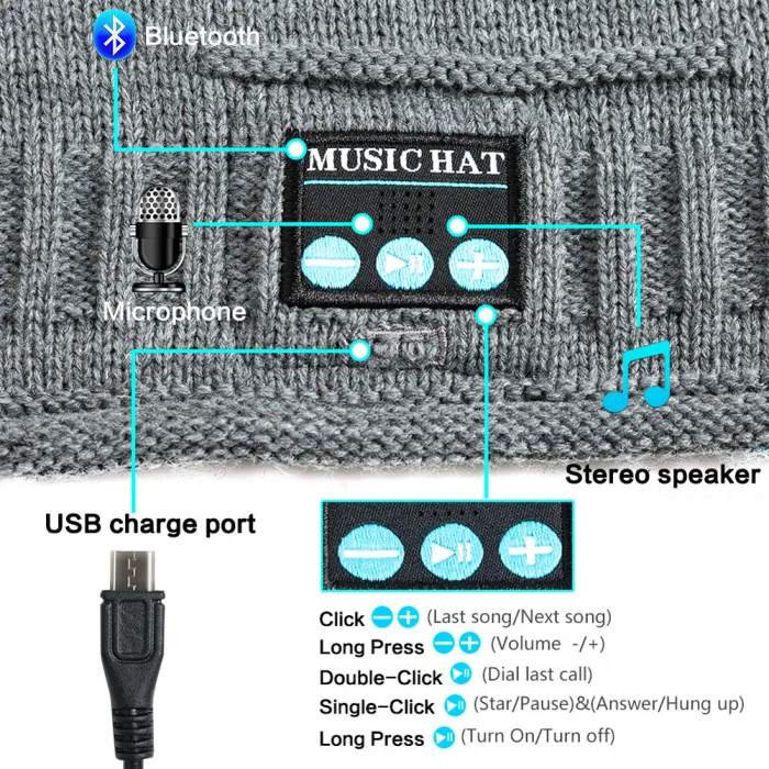 Bluetooth Music Knit Beanie Hat Running Caps Unisex Wireless Smart Warm Cap Headset Speaker with Mic