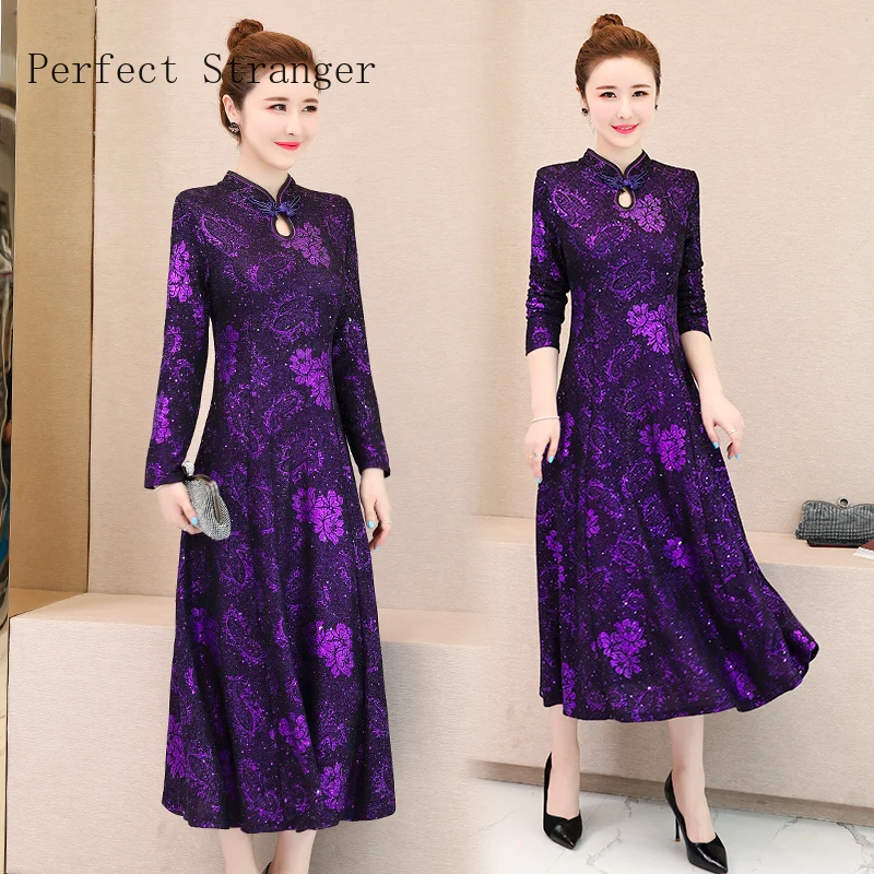 Осень Зима Новое поступление размера плюс M-3XL Ретро Cheongsam стоячий воротник жаккард длинный рукав женское длинное платье